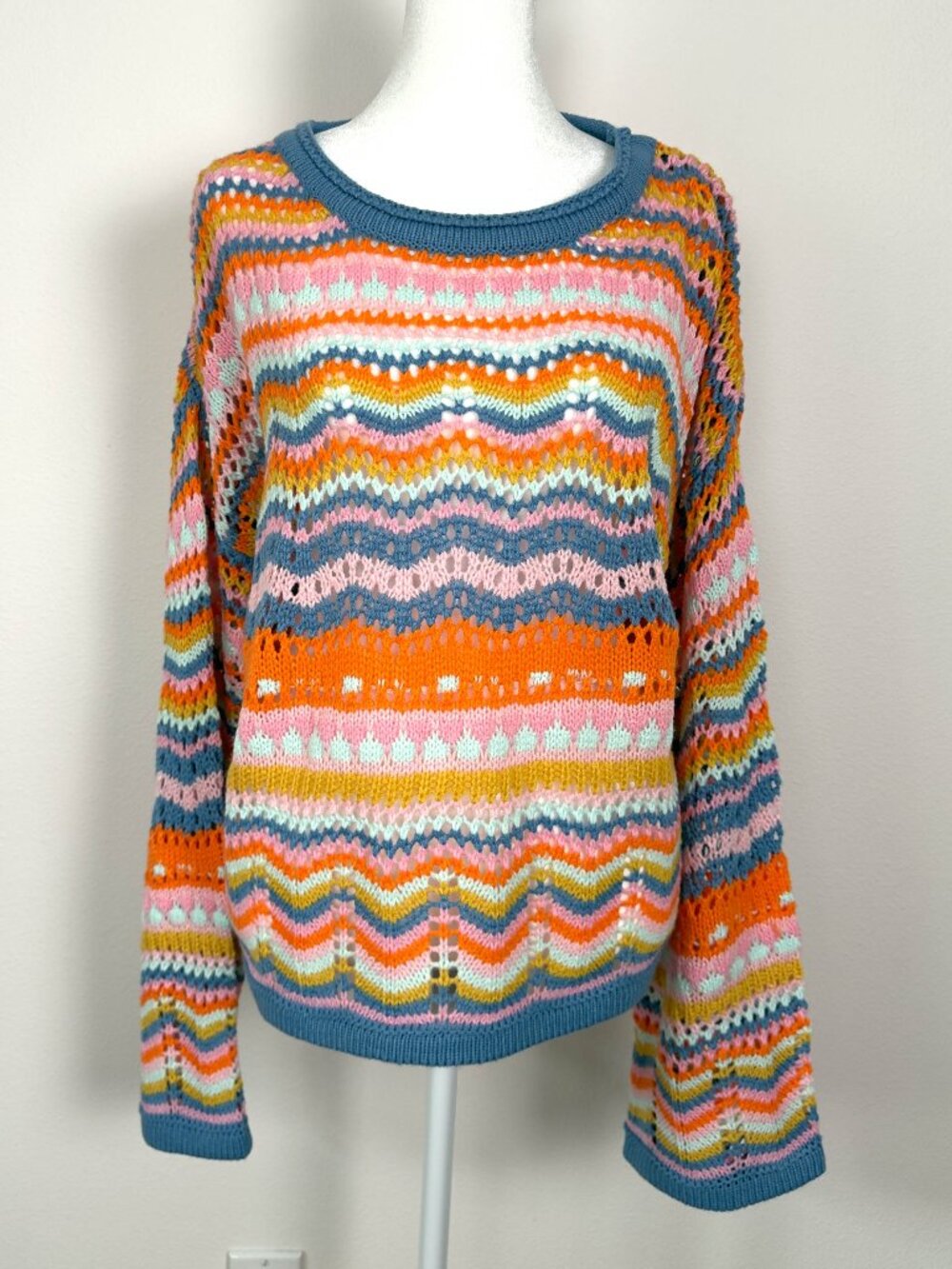NWOT Altar'd State Multicolor Pastel Open-Knit Crewneck Sweater Size M